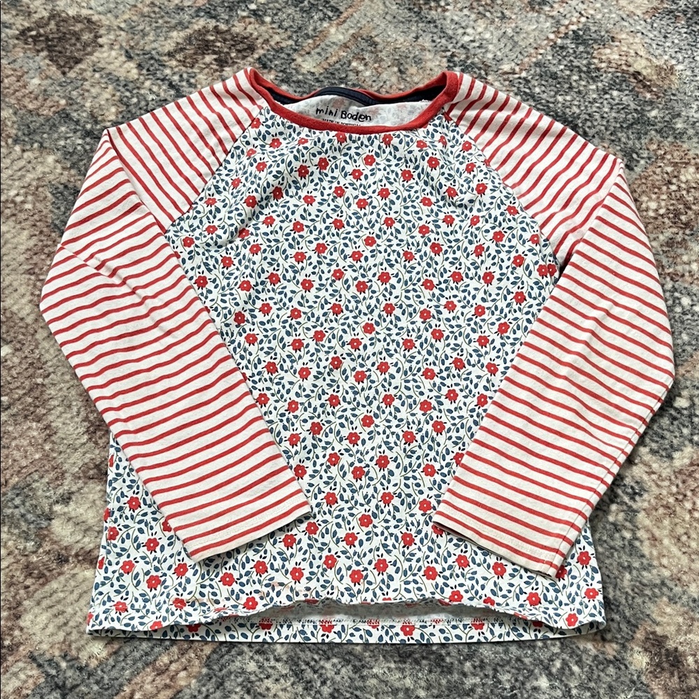 Mini Boden Red and White Striped Floral Long Sleeve Tee